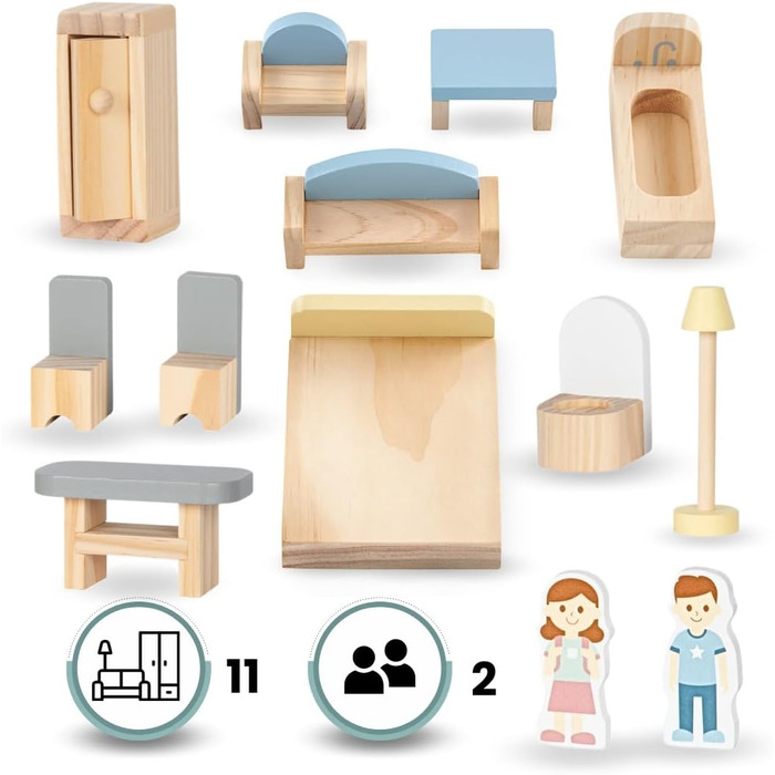 Дерев&39яний ляльковий будиночок Mamabrum, 3-поверховий, з меблями та аксесуарами - Перевірений на безпеку дитячий ігровий будиночок для рольових ігор - Ляльковий будиночок зі спальнею, вітальнею, кухнею та ванною кімнатою, сучасний мінімалістичний