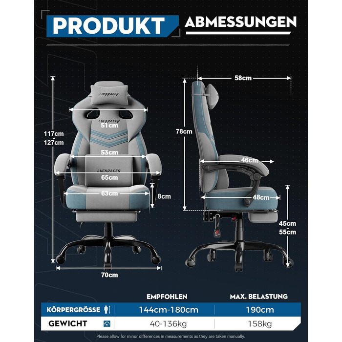 Тканина для ігрового крісла LUCKRACER, офісне крісло з підлокітниками, подушка з піни з ефектом пам&39яті, кут нахилу 90155 та підставка для ніг, міцна функціональна тканина, сіро-сіра тканина