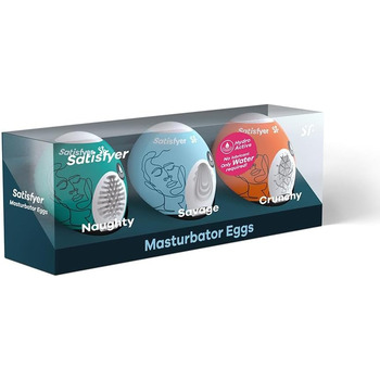 Набір мастурбаторів-яєць Satisfyer Набір із 3 предметів неслухняний, шалений та хрусткий Гідроактивний ТПЕ для реалістичної стимуляції Змащення не потрібне для оптимального ефекту Одноразове використання