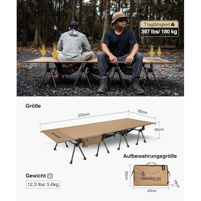 Складане похідне ліжко XXL, портативне кемпінгове ліжко, легке, складне, кемпінгове ліжко до 180 кг для намету, на природі, в подорожах, саду, в офісі (220 * 80 см) кольору койотового коричневого