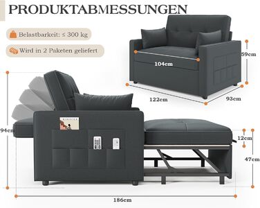 Диван-ліжко 186 x 122 см з 5-позиційним регулюванням спинки, диван-ліжко 3-в-1 з подушками та бічною кишенею, сірий лляний диван для гостьових кімнат та невеликих приміщень