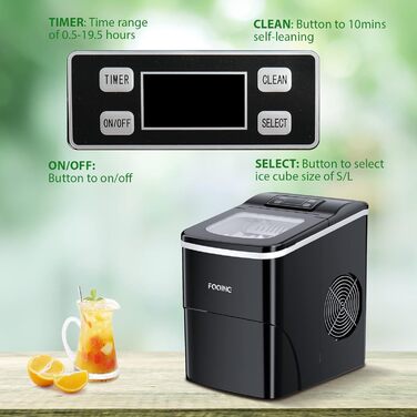 Машина для виробництва кубиків льоду FOOING Льодогенератор Кубик льоду готовий за 6 хвилин 2-літровий льодогенератор з лопатою для льоду та кошиком Світлодіодний дисплей Машини для кубиків льоду для домашнього бару Black
