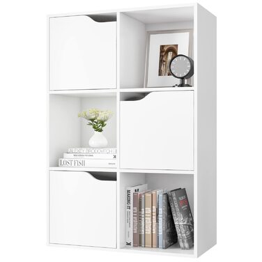 Книжкова полиця FirFurd, біла полиця, книжкова шафа з 3 дверцятами, полиця для зберігання з 6 відділеннями, офісна полиця для вітальні, кабінету, дитячої кімнати, 60 x 29 x 90 см