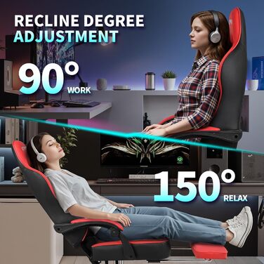 Офісне крісло SITMOD Ігрове крісло, велике ПК-крісло з регулюванням висоти, поворотне, ергономічне ігрове крісло зі штучної шкіри з підніжкою та поперековою опорою, поворотні робочі крісла на 360 - червоне