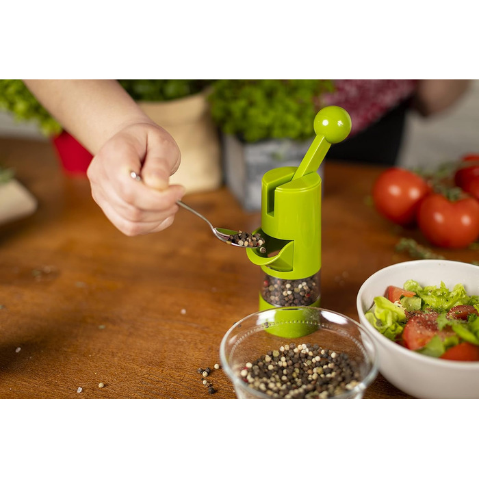 Подрібнювач з тріскачкою KUHN RIKON Salt Mill & Pepper Mill, ручний млин для спецій, зелений, регульований керамічний подрібнювач, пластик, 5,8 x 5,8 x 21,5 см