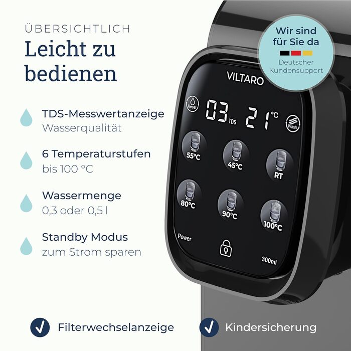 Система зворотного осмосу VILTARO для питної води чорна, 5-ступінчаста система фільтрів, 6 температурних рівнів, мобільна без підключення до води система зворотного осмосу Осмотичний фільтр для води фільтр від вапняного нальоту фільтр для питної води