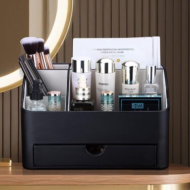 Органайзер для косметики KINGFOM, органайзер для макіяжу зі штучної шкіри з шухлядою, органайзер для догляду за шкірою для туалетного столика (чорний)