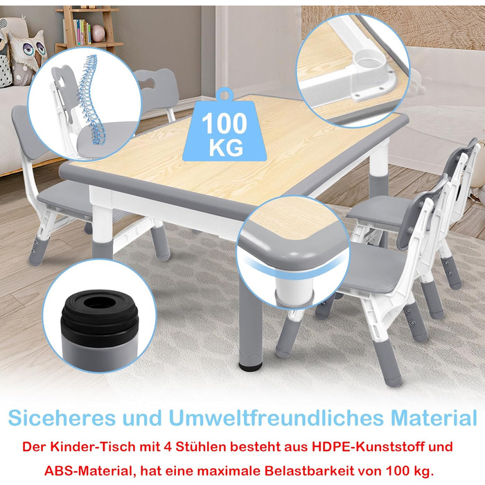 Дитячий стіл 120x60 см з 4 стільцями, комплект дитячих сидінь з регульованою висотою для дітей віком 2-10 років, дерев&39яний дитячий стіл та стільці, ідеально підходить для дитячого садка, класу та дому, сірий