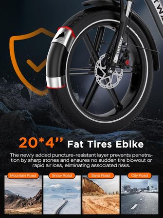 Електровелосипед HITWAY з акумулятором 48 В 18 Аг, електричний велосипед, складаний всюдихідний електровелосипед з 20-дюймовими товстими шинами, складаний електровелосипед, двигун 250 Вт, 25 км/год, 7-ступінчаста коробка передач та 3-ступінчасте електричн