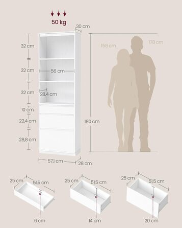 Колекція Kailyn - Книжкова шафа, Висока шафа, 3 шухляди різного розміру, Регульовані полиці, Вітальня, Спальня, Кабінет, Сучасний, Компактний, Білосніжка LBC188W01