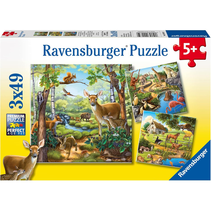 Дитячий пазл Ravensburger - 09265 Ліс/Зоопарк/Домашні тварини - Пазл для дітей від 5 років, 3х49 елементів, жовтий