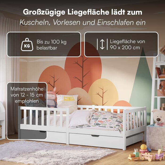 Дитяче ліжко Bellabino Vere 90x200 см Ліжко Монтессорі із захистом від падіння, рейковою основою та 2 шухлядами Дитяче ліжко з масиву сосни для хлопчиків та дівчаток Ліжко для малюків білого кольору з місцем для зберігання, біле 90x200 см з шухлядами, мат