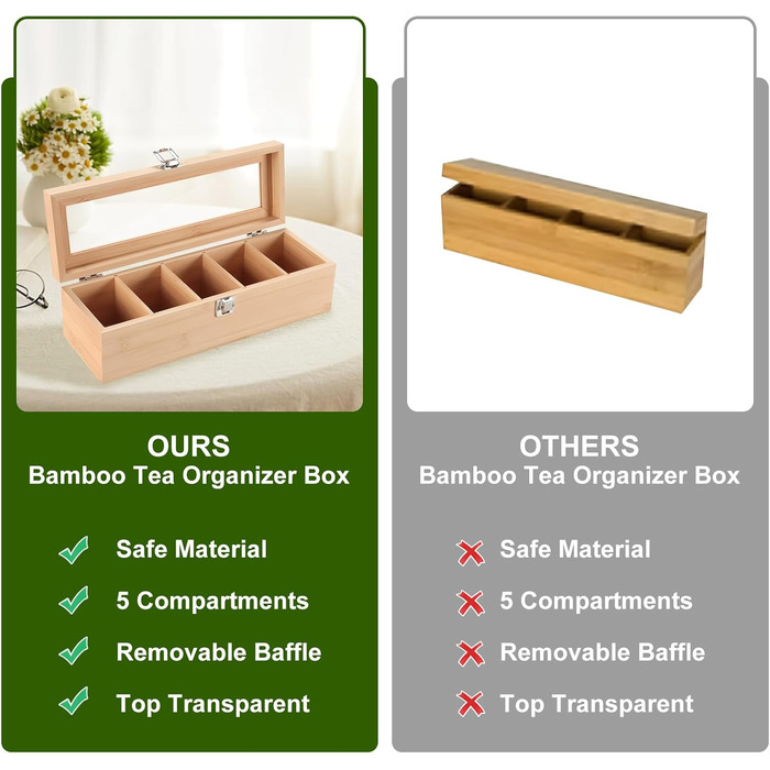 Чайна коробка, чайні коробки для чайних пакетиків, коробка для зберігання чайних пакетиків з 4 регульованими відділеннями та оглядовим віконцем, дерев&39яна чайна коробка, коробки для зберігання чаю з кришкою, 9x30x10 см