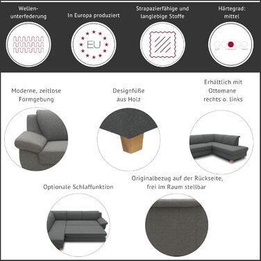 Колекція Панама кутовий диван, класичний L-подібний кутовий диван праворуч, кутовий диван, диван-ліжко, кутовий диван з функцією сну 254 x 186 x 80 см (Ш x Г x В), сіро-коричневий, правий шезлонг з функцією сну, сіро-коричневий