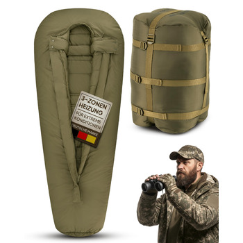 Спальник з підігрівом EXPLORER Protector 220 (3-етапний підігрів) XXL Зимовий спальник 220x80 см Надзвичайно теплий до -32,9C (450 г/м) BW Military Bivouac оливково-зелений для кемпінгу, риболовлі та виживання