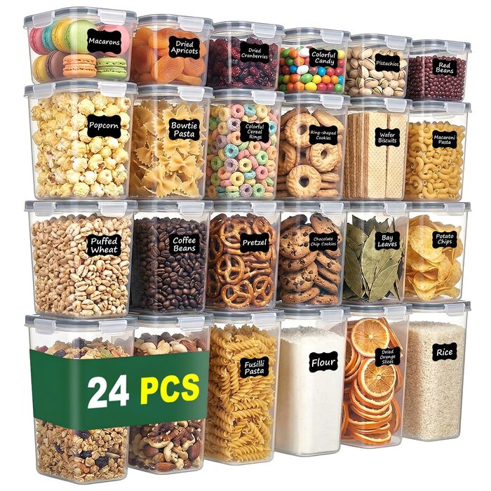 Герметичні контейнери для зберігання з кришками, 24 шт. и, штабелюються, без бісфенолу А, коробки для зберігання харчових продуктів для кухні, підходять для борошна, круп та макаронних виробів