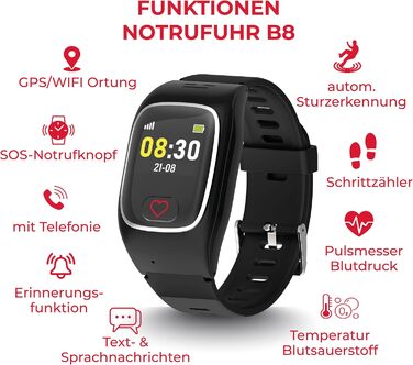 Годинник James B8 для екстрених випадків та безпеки для людей похилого віку GPS, виявлення падіння, кнопка SOS, монітор серцевого ритму, функції для здоров&39я, сімейний додаток, гучний будильник чорний/білий вкл. SIM-картку та 2 місяці безкоштовного тари