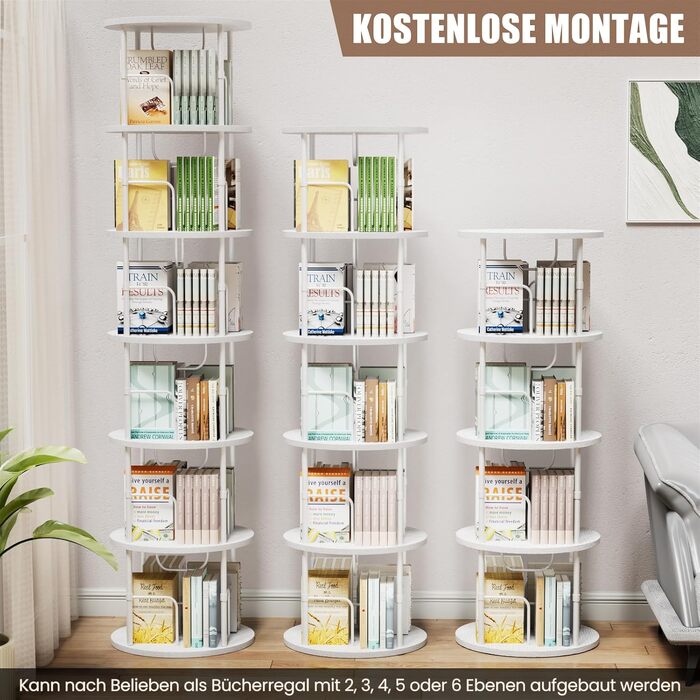 Звичайна книжкова полиця, що обертається на 360, підлогова дерев&39яна книжкова шафа, книжкова полиця з 6 полицями, регульовані полиці, стояча полиця, 4545193 см, білий колір, 6 полиць