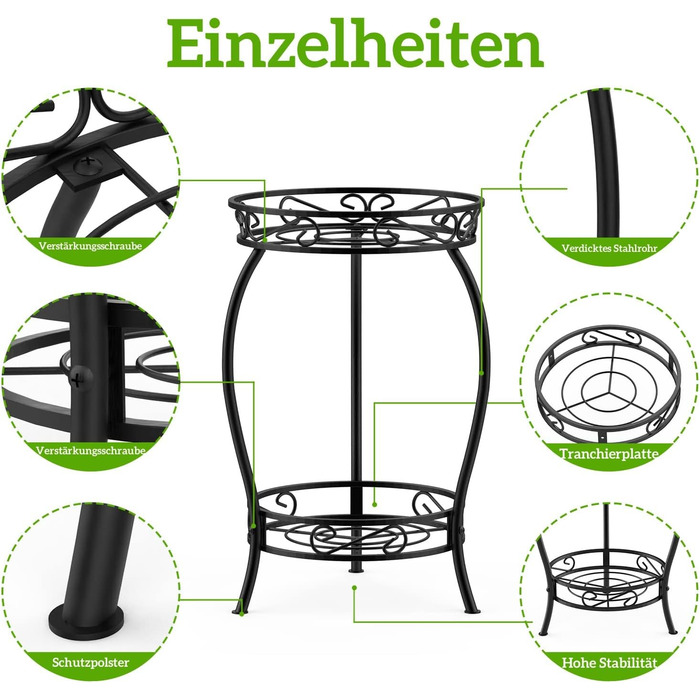 Металева підставка для рослин Bomblap, підставка для квітів 48 см, 2-рівнева підставка для квіткових горщиків, тримач для квіткових горщиків для використання в приміщенні та на вулиці, чорна кругла