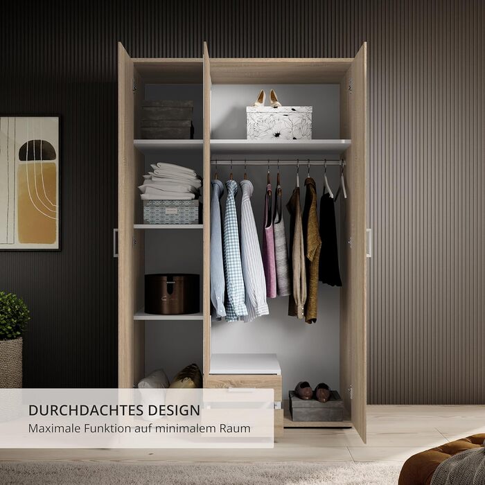 Елегантна 3-дверна шафа з великою кількістю місця для зберігання - Багатофункціональна шафа, дуб сонома, з дзеркальними дверима - 120 x 195 x 55 см, дуб сонома, 3-дверна, одинарна