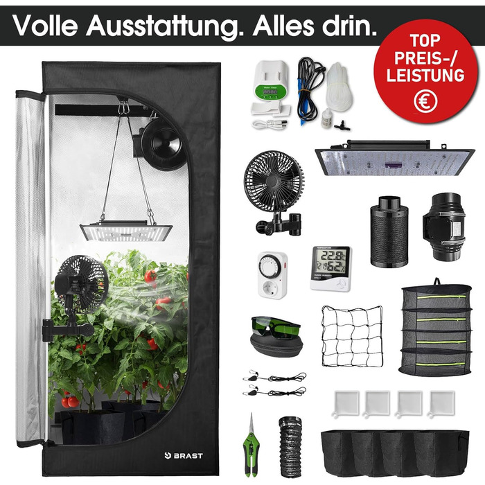 Гроубокс BRAST Growzelt Комплект для вирощування з додатковим обладнанням Різні розміри 60x60x140-120x60x180 см LED технологія повного спектру Система вентиляції та поливу Водонепроникний та світлонепроникний 70x70x160 см XL