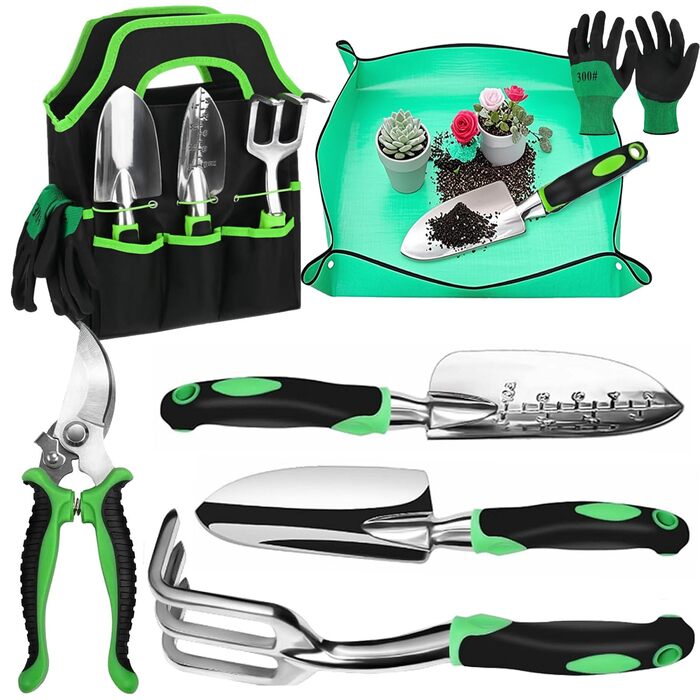 Набір садових інструментів Gartenwerkzeug, 7 предметів. Легкий набір ручних інструментів з алюмінієвого сплаву з антикорозійним покриттям, чудовий подарунок. У комплекті міцний чохол для зберігання та ергономічні ручки з протиковзким покриттям (Зелений)