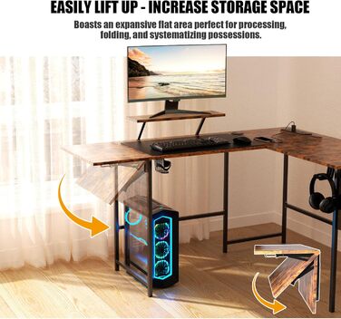 Ігровий стіл із розумним світлодіодним освітленням, L-подібний стіл із подовжувачем для домашнього офісу, кутовий стіл 120-150 см з розеткою, сумка для зберігання, підставка для монітора, вінтажний коричневий колір