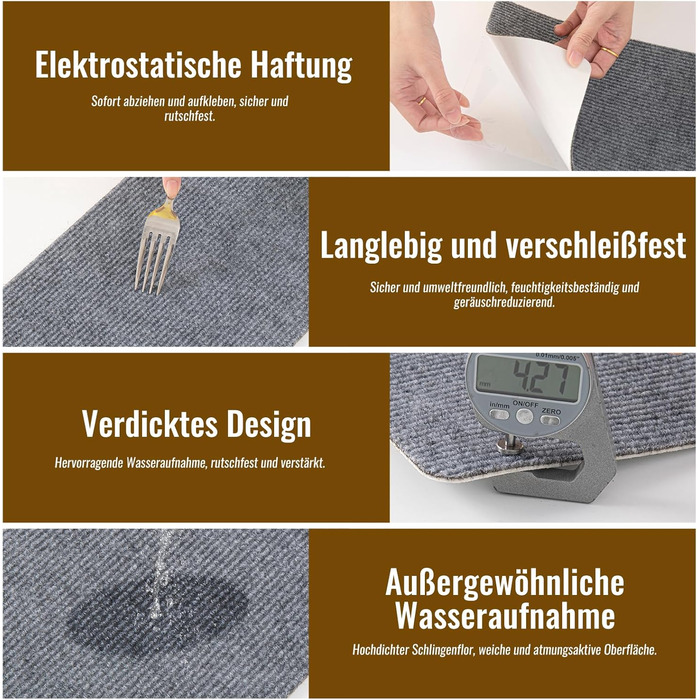 Килимки для сходів, ACESOME 10-штукові зносостійкі килимки для сходів, м&39який та зручний самоклеючий килимок для сходів, прямокутний килимовий покриття для сходів 80 x 20 см (кавовий)