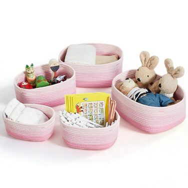 Кошики для зберігання речей MANGATA з бавовняної мотузки, невеликий плетений бавовняний кошик для зберігання речей у ванній кімнаті, дитяча кімната, без запаху, повністю натуральний та зручний для дітей, набір з 5 шт. , фламінго (приблизно 36 л)