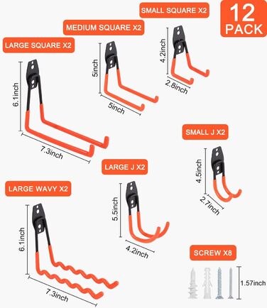 Важкі гачки для гаража, Подвійні гачки для гаража, Гаражні гачки для зберігання Гаражні гачки для організації драбини, стільця, шланга, велосипедів, електроінструментів Насип, 12 шт.