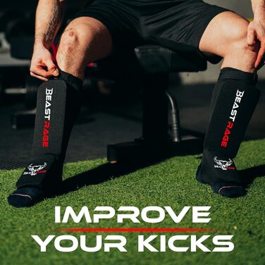 Щитки для гомілок BEAST RAGE для муай-тай, кікбоксингу, ММА, тхеквондо, боксу, бойових мистецтв, еластичні шкарпетки, м&39які захисні накладки для ніг та підйому стопи, щитки для гомілок, спорядження для розміру S, чорний/червоний