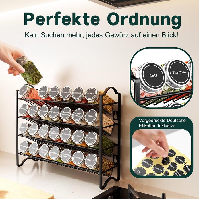 Набір полиць для спецій з 28 баночками для спецій та 120 етикетками - Органайзер для спецій для кухні та шафи - Настінна або окремостояча полиця для спецій - Повна система зберігання спецій (чорний колір)