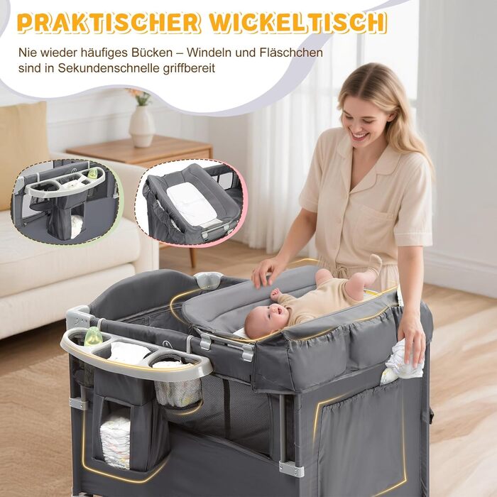 Приліжкове ліжечко 5-в-1, дорожнє ліжечко, дитяче ліжечко з пеленальною підкладкою, містким кошиком для зберігання, москітною сіткою, ігровою аркою та дорожньою сумкою для новонароджених та малюків (сірий колір)
