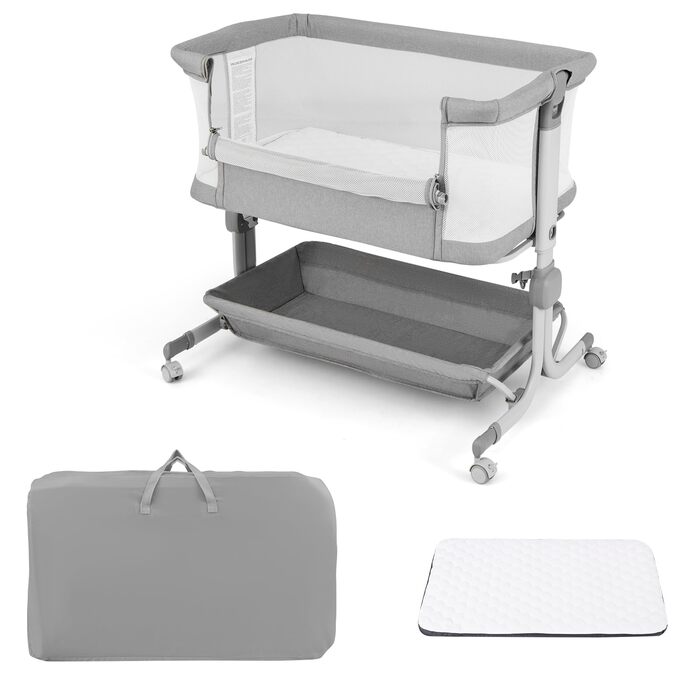 Дитяче ліжечко DREAMADE, 6-рівневе регульоване по висоті дитяче ліжечко з м&39яким матрацом, колесами та сумкою для перенесення, портативне дорожнє ліжечко 87 x 63 см для дому та подорожей, 0-6 місяців до 9 кг (світло-сіре)