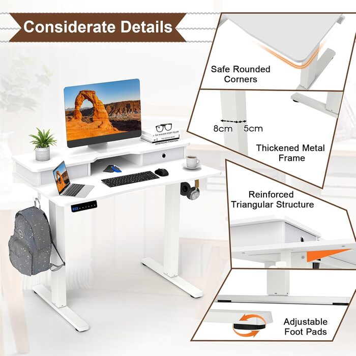 Письмовий стіл з регульованою висотою, електричний стіл для роботи стоячи з підставкою для монітора, 2 шухляди, 2 гачки, невеликий комп&39ютерний стіл з регульованою висотою від 73 до 122 см, для навчання та офісу (білий)