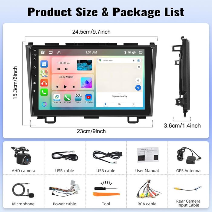 Автомобільне радіо OiLiehu 6128G 8-ядерний Android 13 CarPlay Android Auto Double Din для Honda CRV 2007-2011 з екраном 9 дюймів з дзеркальним посиланням Bluetooth GPS FM RDS WiFi SWC DSP/EQ камера заднього виду 6G128G Android 13 Автомобільне радіо