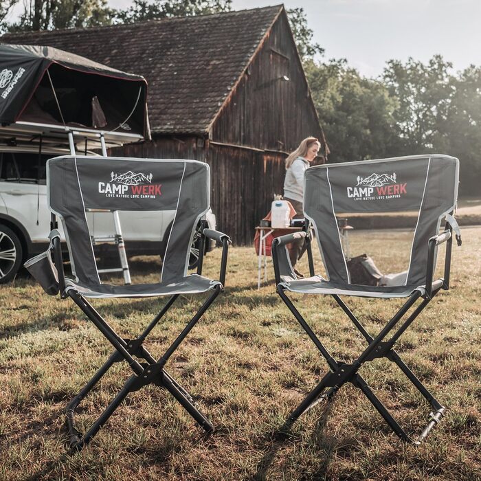 Кемпінгове крісло CAMPWERK, легке та компактне, зі спинкою, вбудованими підлокітниками та підсклянником, компактне, стійке до бруду та води, складане, для всіх видів активного відпочинку на свіжому повітрі, сіре