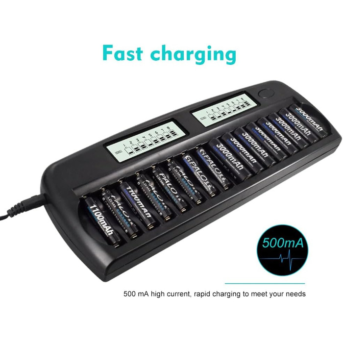 Швидкий зарядний пристрій CITYORK - інтегрований захист із РК-дисплеєм - для нікель-металгідридних акумуляторів типу AA AAA, включаючи 16 нікель-металгідридних акумуляторів типу AA 3000 мАг, корпус для акумулятора