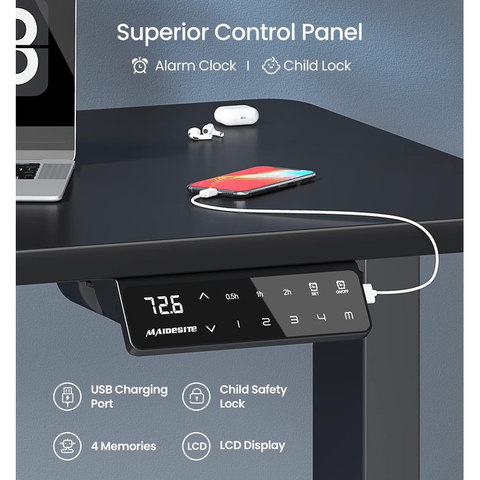 Електричний стіл MAIDeSITe з регульованою висотою, 2 потужними двигунами, регульованою висотою рамою столу з 2-секційними ніжками, 4 налаштуваннями пам&39яті та функцією захисту від зіткнень (чорний) 72-120 см Чорний