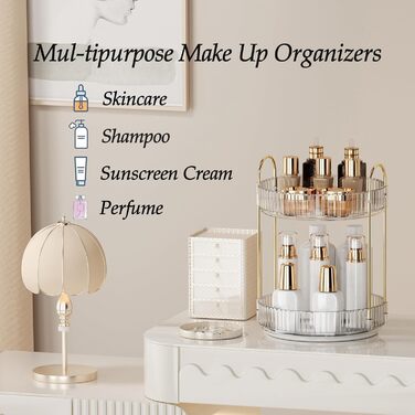 Органайзер для макіяжу, обертовий на 360 косметичний органайзер великої місткості, багатофункціональний косметичний органайзер для комода, туалетного столика, спальні, ванної кімнати, 2 шари, прозорий