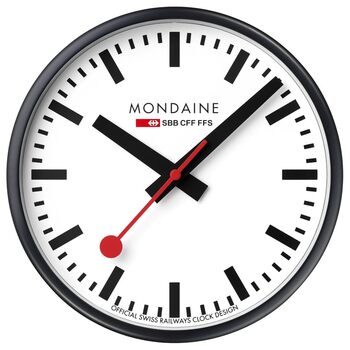 Офіційний швейцарський настінний годинник Mondaine 25 см, матова чорна алюмінієва рама, дизайн Hans Hilfiker 1944, безшумний механізм, мінеральне скло, захист від пилу позачасовий дизайнерський виріб A990.clock.12sbb 25 см