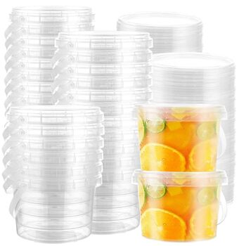 Набір із 30 предметів багаторазових пластикових контейнерів з кришками, 500 мл/17 унцій. Ці контейнери для делікатесів, пластикові стаканчики та пластикові коробки підходять для їжі, супів та фруктів. Герметичні.