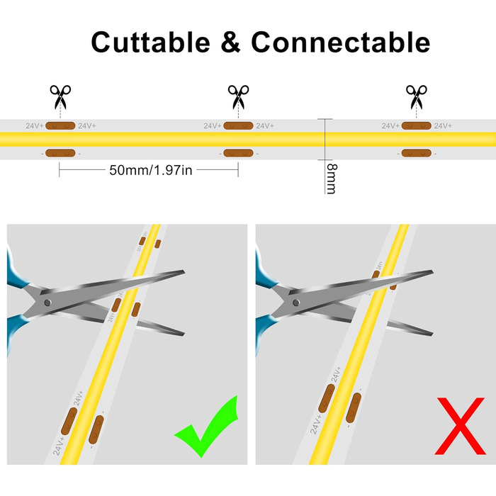 Світлодіодна стрічка TTWAY COB Тепла біла світлодіодна стрічка з 384 світлодіодами / м, CRI 93, DC24V, 8 мм роз'ємом Cob, рівномірним світлом, світлодіодною стрічкою для прикраси спальні (блок живлення не входить в комплект) (2700k, 5M)