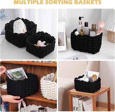 Бавовняні кошики для зберігання, Плетений бавовняний шнур, Кошики для зберігання, Органайзери, Кошики для зберігання для дитячої кімнати, вітальні, ванної кімнати, Розміри D27xH17 см D33xH22 см (Чорні), 2 шт.