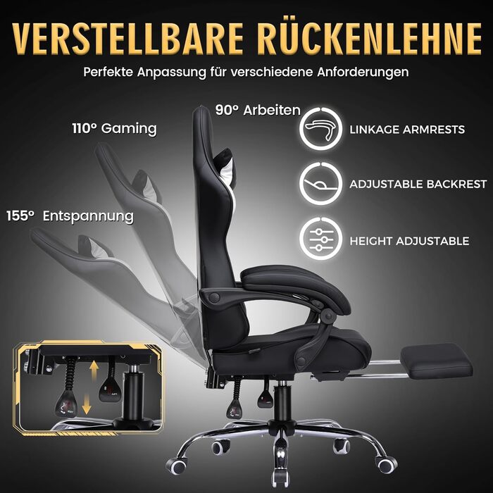 Ігрове крісло GTPLAYER - Ергономічне ігрове крісло з поперековою опорою, регульованою висотою, м&39яке, вантажопідйомність 150 кг, чорне