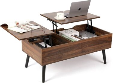 Журнальний столик VOWNER, журнальний столик з регульованою висотою, розсувний, висувний журнальний столик, окреме приховане відділення для зберігання, подвійна підйомна платформа, стіл для вітальні, колір горіх