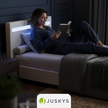 Ліжко Juskys Paris з м&39якою поверхнею 90x200 см зі світлодіодним освітленням, рейковим каркасом та узголів&39ям, ліжко з дерев&39яним каркасом та чохлом зі штучної шкіри, біле 90 x 200 см