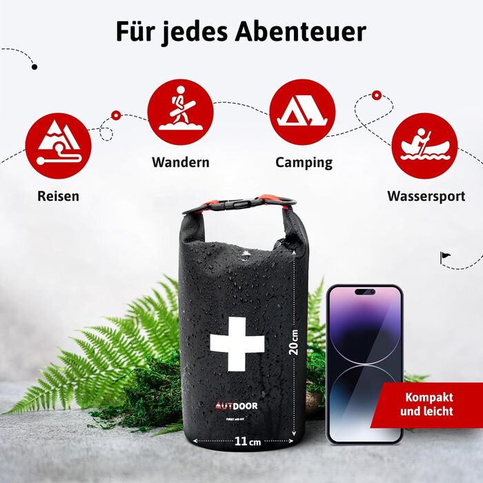 Аптечка зовнішня - DIN13167 - Водонепроникна та легка - Розроблена разом з лікарями - Аптечка для піших прогулянок, скелелазіння,