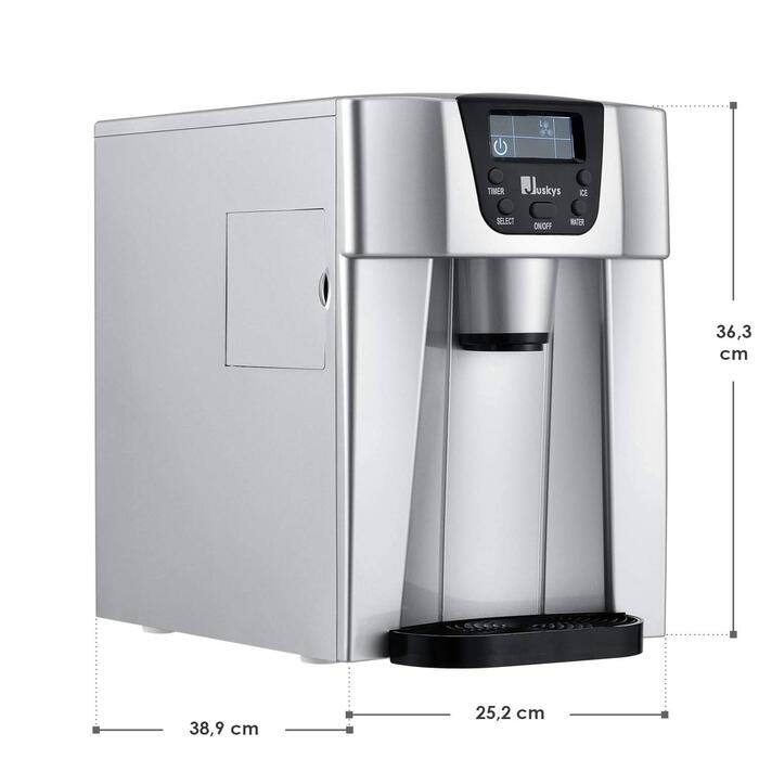 Машина для виробництва кубиків льоду Juskys PIM200L з прямим дозатором і таймером 2в1 до 12 кг/день, кубики льоду за 6-10 хвилин, 2 розміри, резервуар 2 л льодогенератор сріблястий
