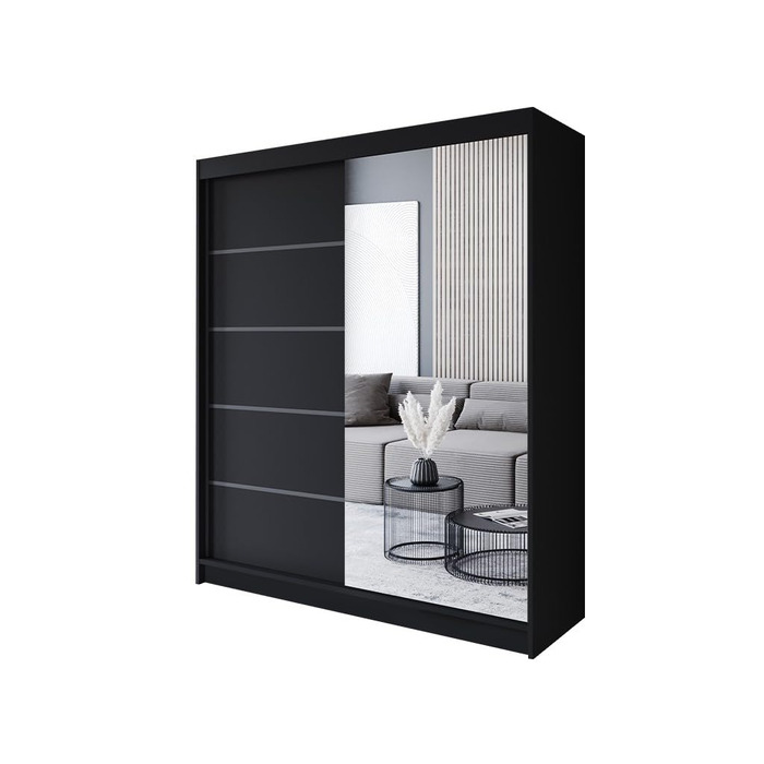 Шафа-купе з розсувними дверима чорного кольору 180x215x58 см з дзеркалом - Меблі для спальні, Місця для зберігання - Універсальна шафа, 3
